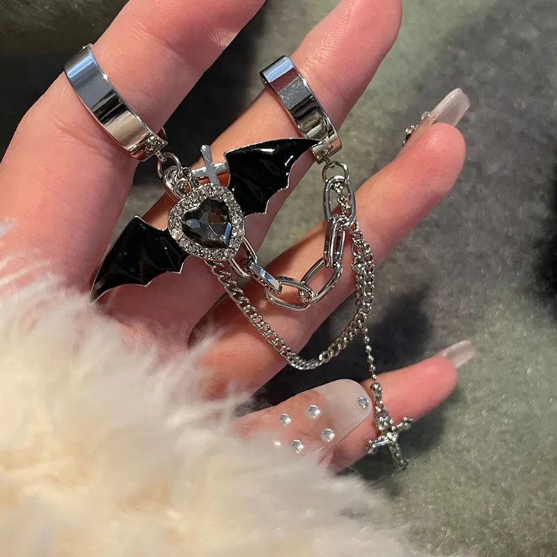 Gothic Devil Bat Wing Cross Double-finger Chain Rings/Hip Hop Metal Ring/Street Style Sweet Cool Adjustable Opening Ring/Dark Punk Irregular Y2k Rings Perhiasan Aksesoris/