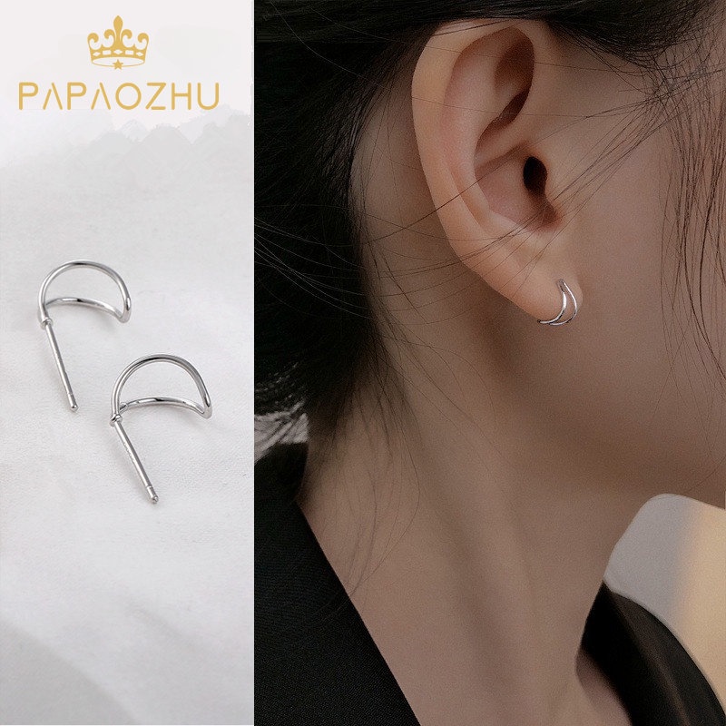 Papaozhu Sederhana Fashion s925 Perak Berongga Kait Stud Anting Untuk Wanita Chic Telinga Perhiasan Hadiah