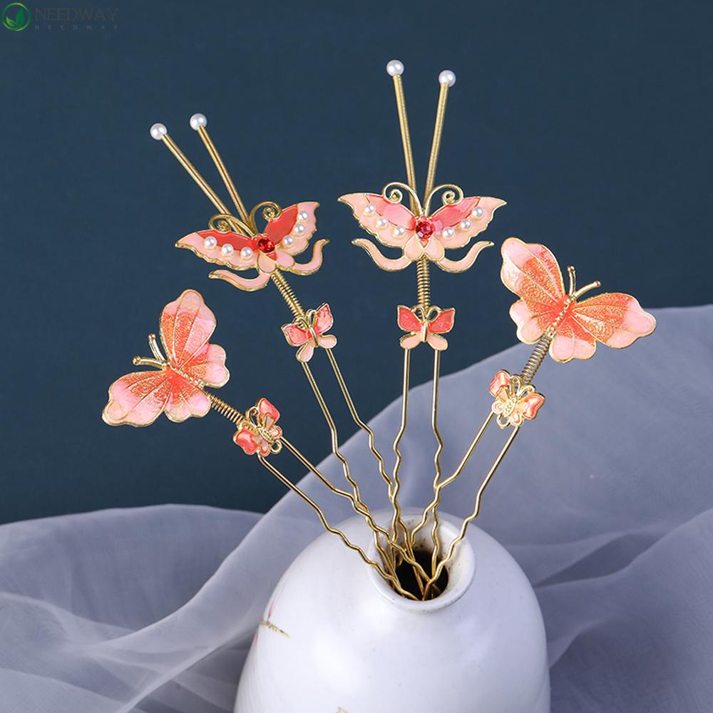 NEEDWAY Butterfly Hair Stick Hanfu Vintage Butterfly Logam Cina Untuk Wanita Pin Rambut Tetes Minyak