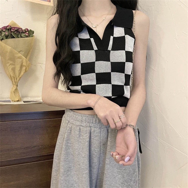 Premium Polo Rompi Rajut Wanita Kotak Kotak Sleveless Top