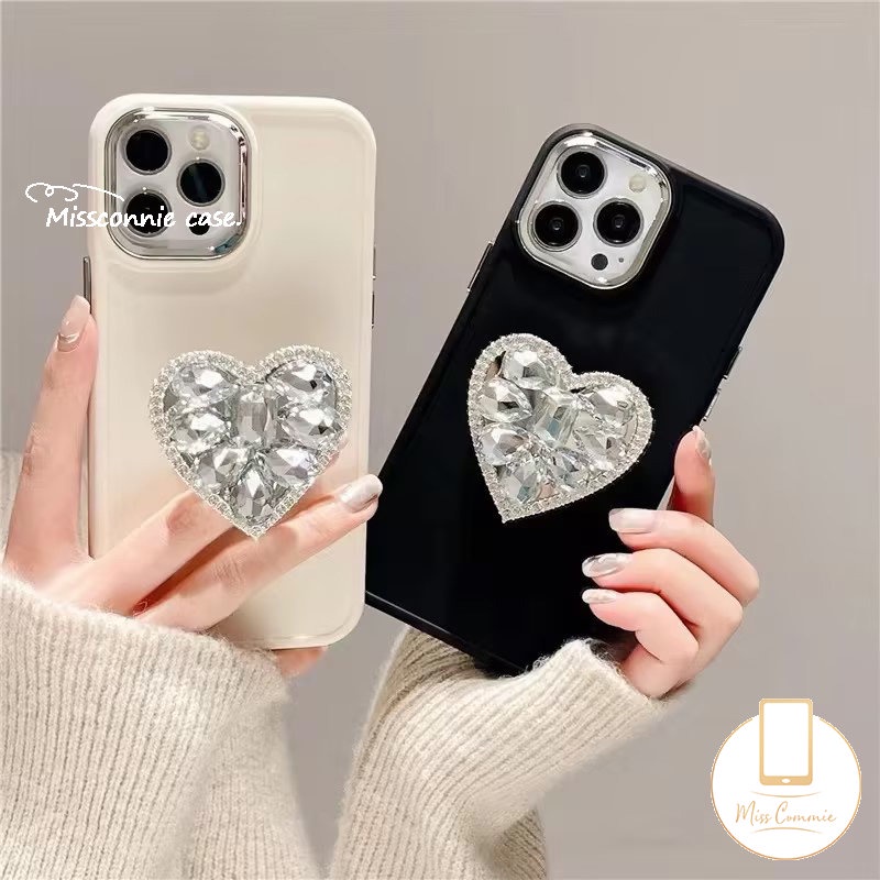 Diamond Love Heart Bracket Phone Holder Case Kompatibel Untuk IPhone 7plus 11xr 13 14 12 11 Pro MAX X XS Max7 8 Plus Plating Bingkai Lensa Logam Simple Mewah Warna Macaron Soft Cover