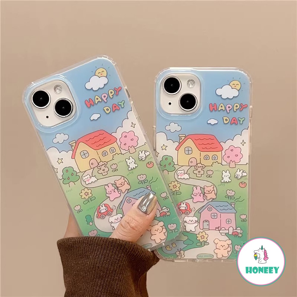 IPHONE Ins Kartun Beruang Kelinci Ilustrasi Ponsel Case Kompatibel Untuk Iphone14 Pro Max13 12promax Case Untuk Iphone11Sarung Belakang Tahan Guncangan Akrilik