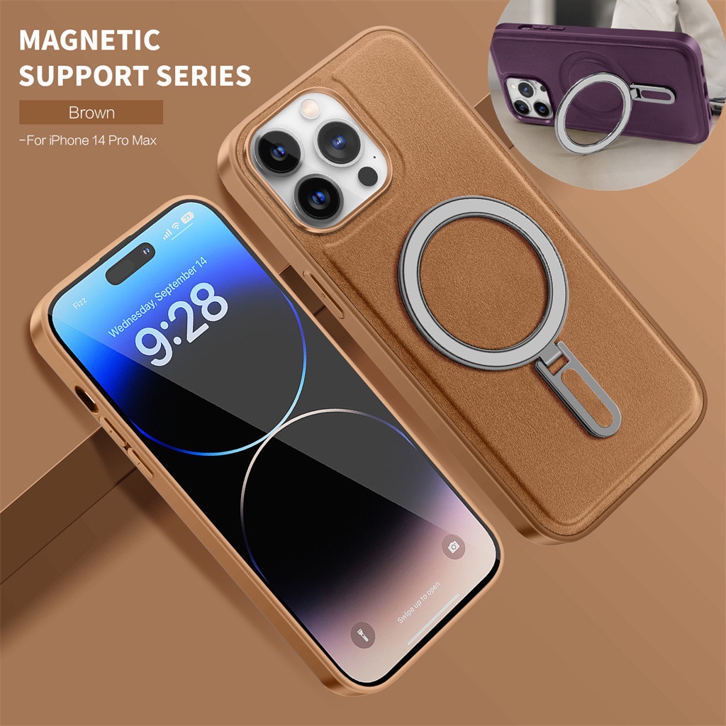 Casing magnetik kulit mewah Casing iPhone 14 Pro Max iPhone 12 13 Pro Max 11 Pro Max 14 Plus dengan braket pelindung guncangan tertutup sepenuhnya