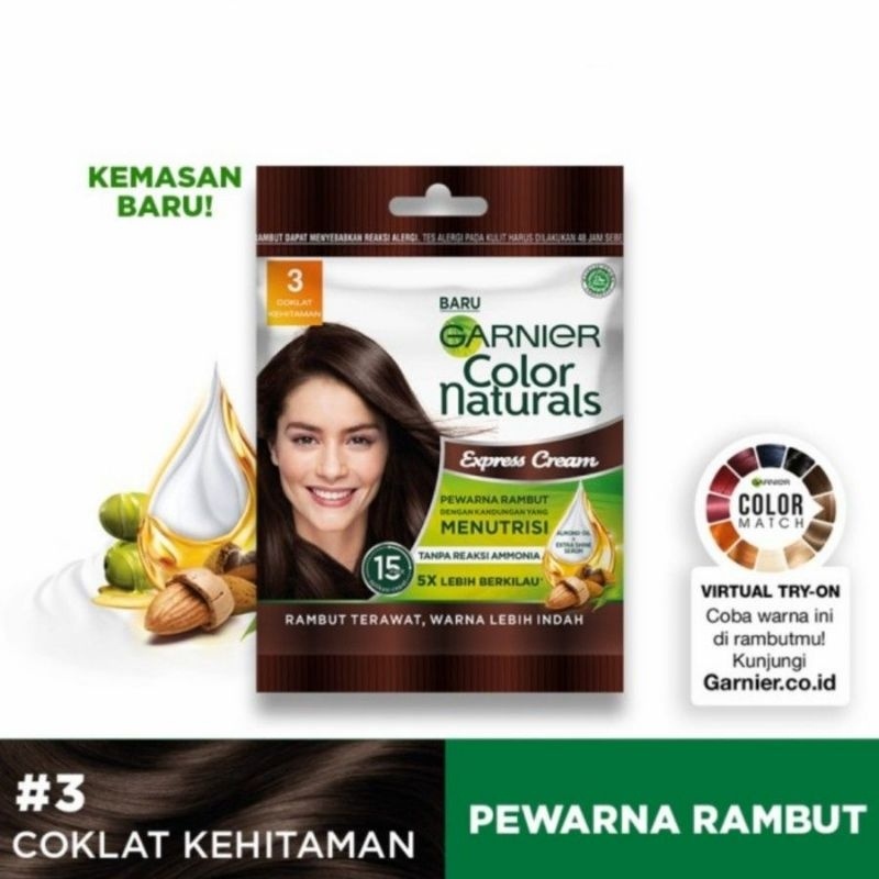 Garnier Color Naturals Express Cream 3 Dark Brown Coklat Gelap Pewarna Rambut Garnier Sachet