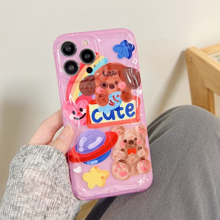 Cute Oil Painting Bear Soft TPU Case HP iP iPhone 12 13 14 Pro Max 11 FTD Girl Woman Casing Apple