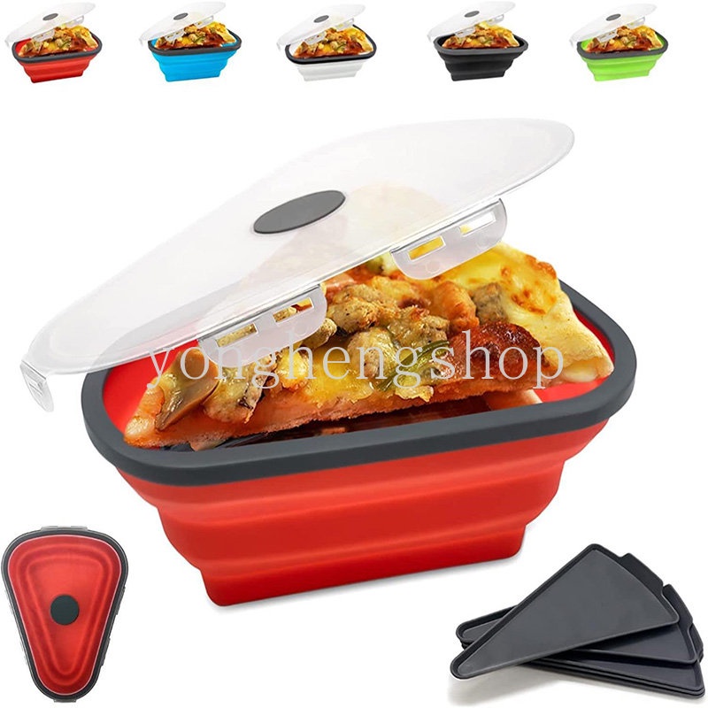 Portable Silicone Reusable Pizza Packing Box Wadah Irisan Pizza Segitiga Dapat Dilipat Dengan 5nampan Saji Microwavable Lunch Bento Box Penyimpanan Makanan Dapur