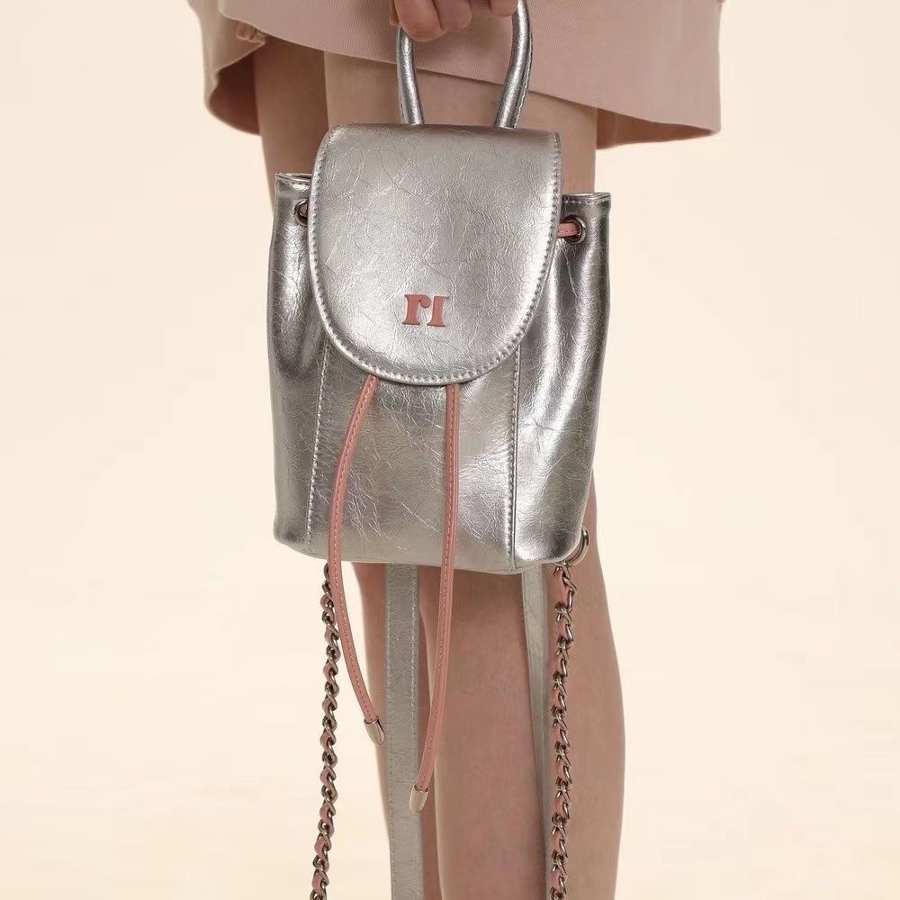 Bag Tas Bahu Wanita Pola Kulit Rantai Warna Kontras Tas Ransel Mini tas ransel wanita warna perak da