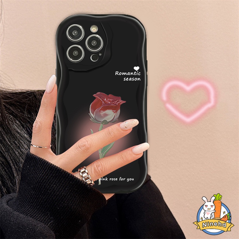 IPHONE Art Rose Flower Splicing Label Phone Case Kompatibel Untuk Iphone14 13 12 11 Pro Max X Xr Xs Max 8 7 6 6s Plus SE 2020hitam Silikon Shockproof Bumper Tepi Melengkung Soft Case Cover