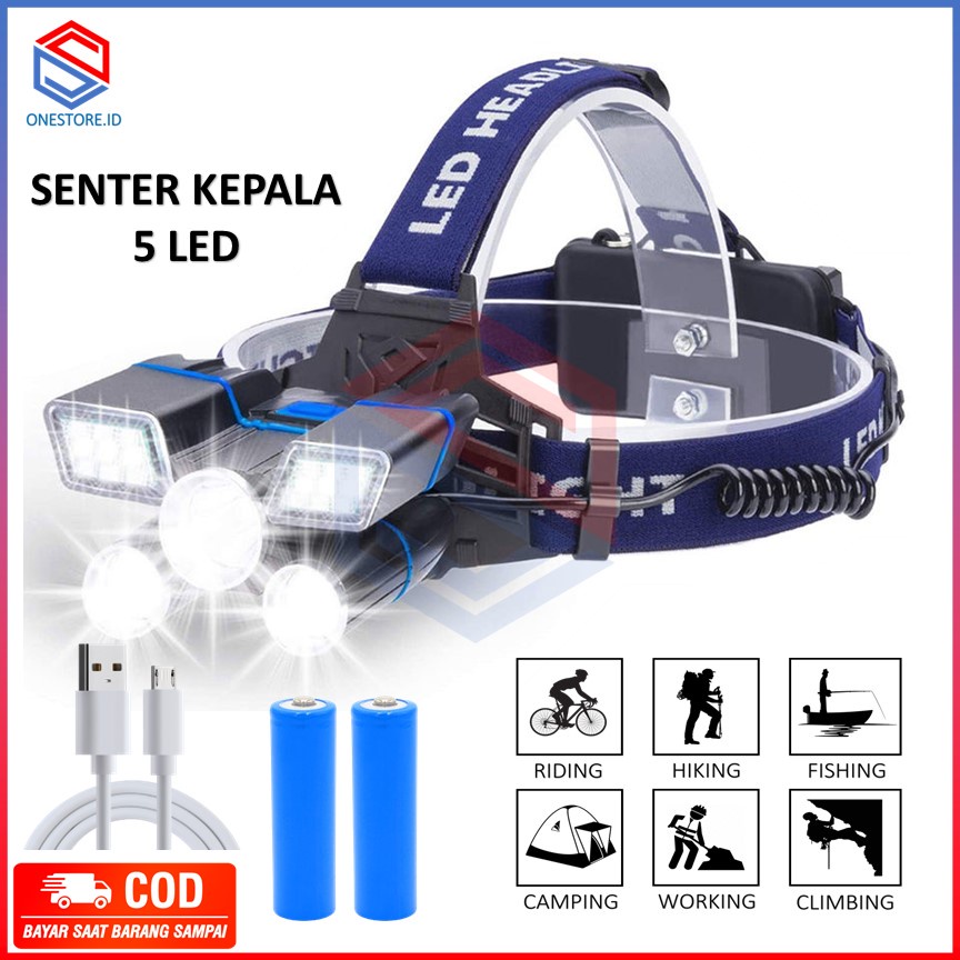 Senter Kepala 5 LED Albinaly Headlamp Cree XM-L2 + 2XPE + Red Blue LED Super Terang Sistem Cas Waterproof