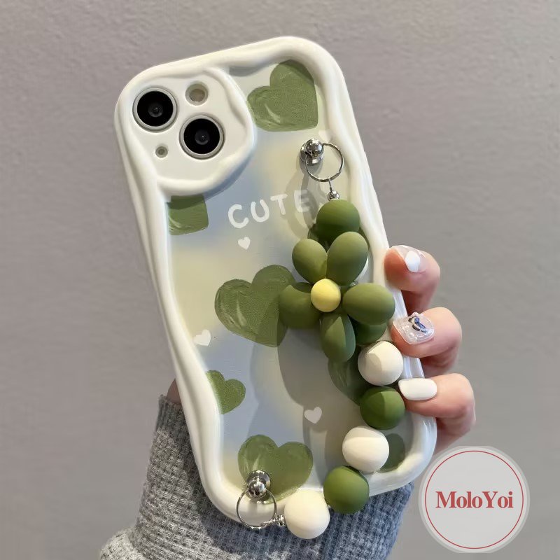 Oil Paint Green Love Heart Case Compatible For iPhone 7Plus XR XS X Max 11 13 12 14 Pro Max 6 7 8 6s Plus SE 2020 3D Wavy Curved Edge Bead Flower Hand Strap Bracelet Phone Cover