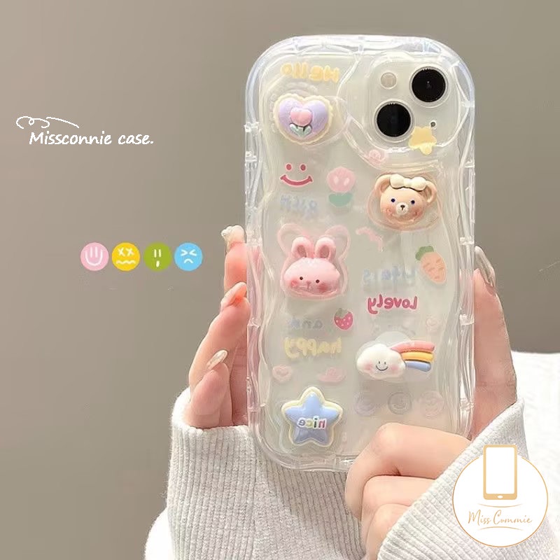 Case Boneka Beruang Kelinci Kartun 3D Lucu Kompatibel Untuk IPhone XR 7Plus 14 11 12 13 Pro Max 6 7 6s 8 Plus X XS Max Se2020 8Plus DIY Love Heart 3D Bergelombang Melengkung Penutup Tepi