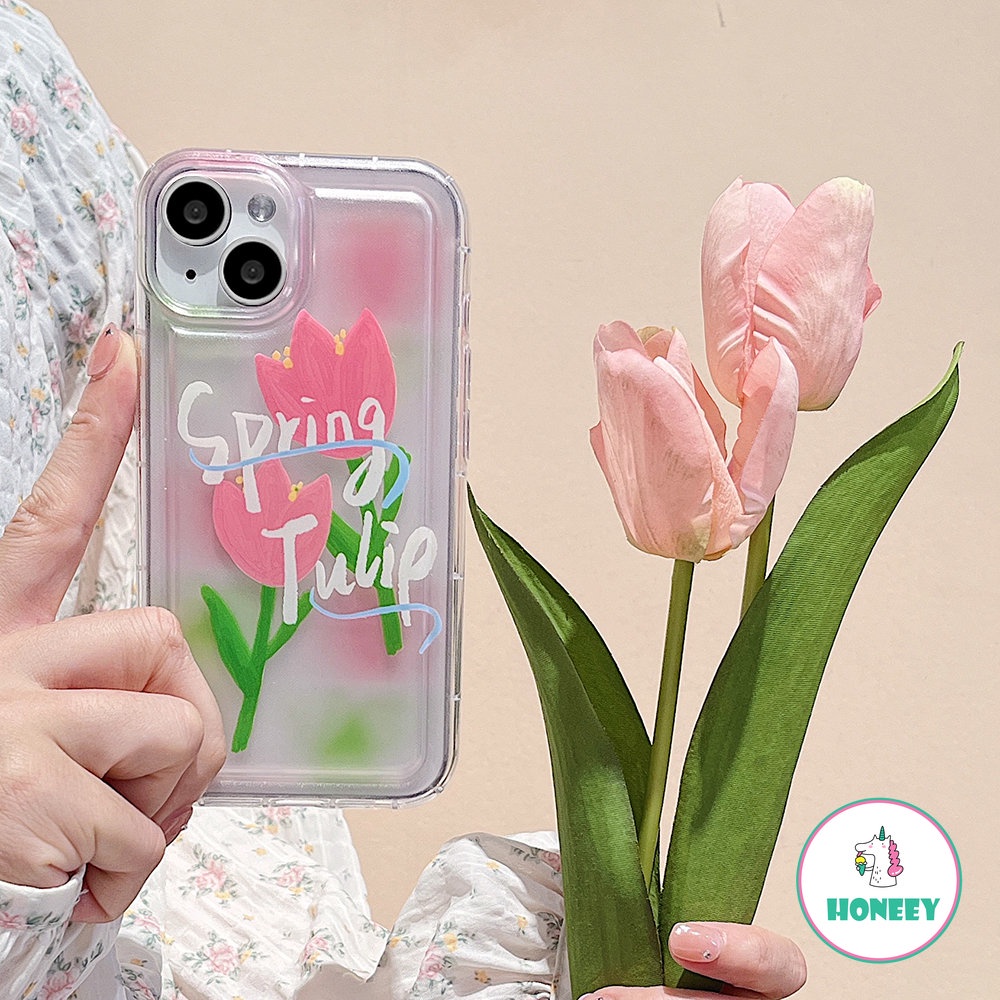 Spring Pink Tulip Phone Case Kompatibel Untuk iPhone 14 Pro 13 12 11 Pro Max XR XS 7 8plus Transparan Anti-Drop Airbag Cover