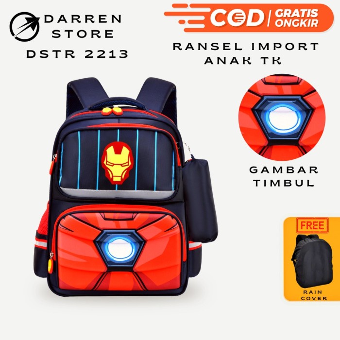 Tas Ransel Sekolah Anak Laki-Laki Paud TK 2213 FREE Tempat Pensil - IRONMAN