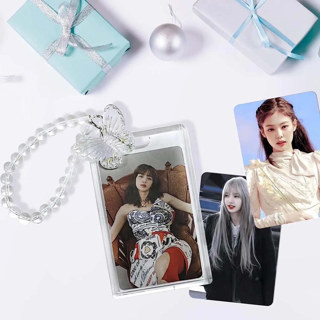 Transparan Penutup Kartu Bus Perlindungan Kristal Kupu-Kupu Manik Rantai Portabel Foto Lengan Ins Gaya Split Keyring Student Card Case Idol Photocard Card Holder DIY Insert Photoes