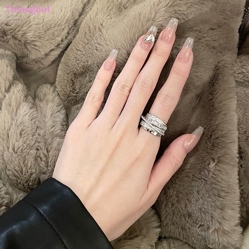 Tolonghot&gt; Zirkon Multi-layer Cincin Untuk Wanita Pesta All-match Fashion Perhiasan Vintage Pembukaan Adjustable Finger Ring Shiny Combination Ring well