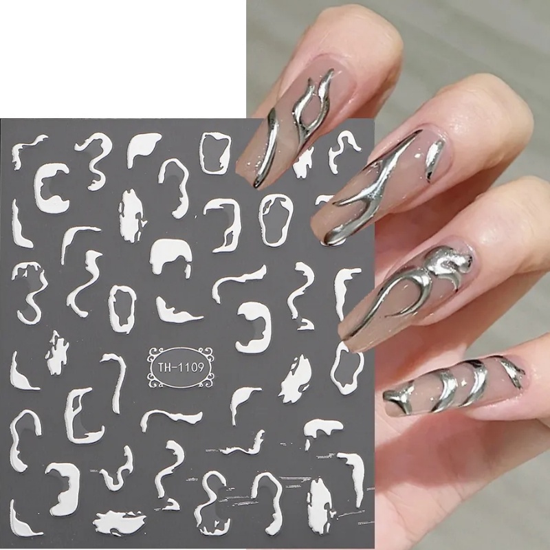 [Fitur] 1pc Paster Perekat Diri 3D/Ins Stiker Kuku Garis Silver/Stiker Kuku Geometri/Dekorasi Manicure Sederhana/DIY Nail Art/Alat Kuku/Aksesoris Kuku Untuk Wanita