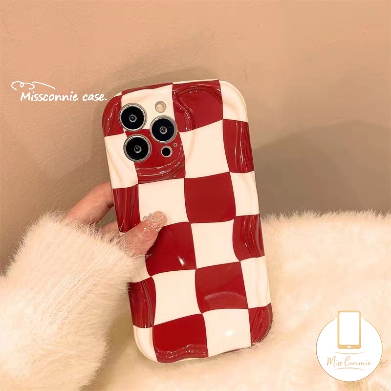 IPHONE Ins Red Checkerboard Shining Love Heart Phone Case Kompatibel Untuk Iphone11 14 XR 7Plus 13 12 14 Pro MAX X XS MAX 6S 7 6 8 Plus SE 2020fashion 3D Wavy Curved Edge Glossy Cover