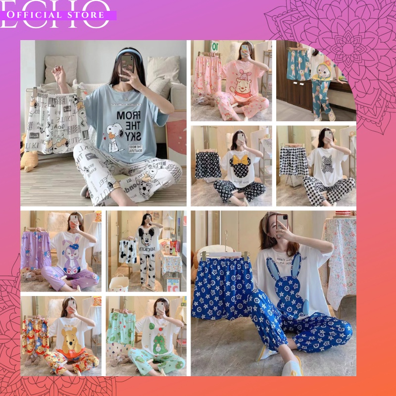 ECHO B17-B18 - PAKAIAN WANITA BAJU TIDUR 3 IN 1 WANITA PIYAMA SET LENGAN PENDEK CELANA PANJANG DAN P