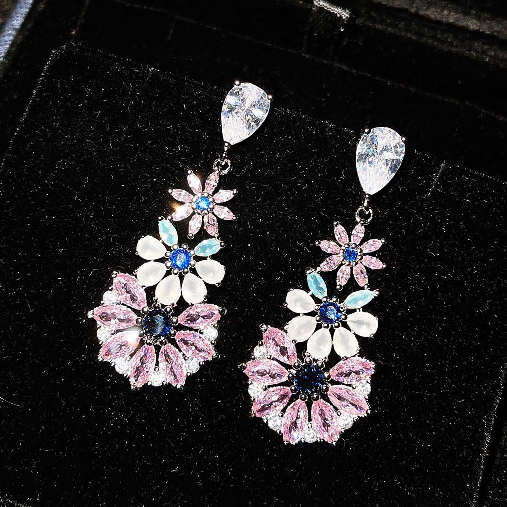 Goldkingdom Fashion Perhiasan Aksesoris Ready Stock Rococo Colorful Treasure Earrings Pink Kristal Bunga Anting Anting Perak Jarum Perempuan