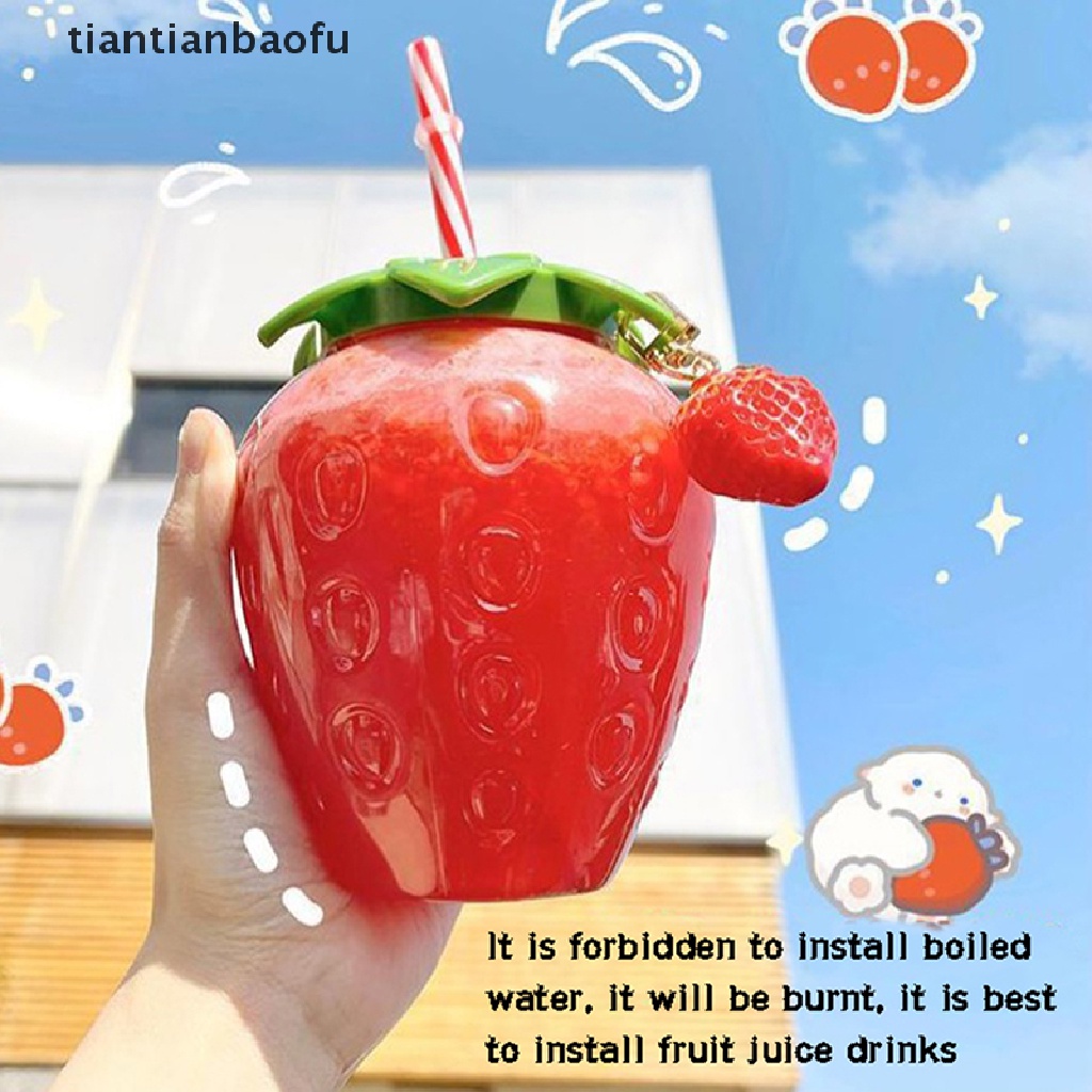 [tiantianbaofu] 500ml Musim Panas Lucu Strawberry Straw Water Bottle Milk Coffee Straw Cup Untuk Butik Rumah