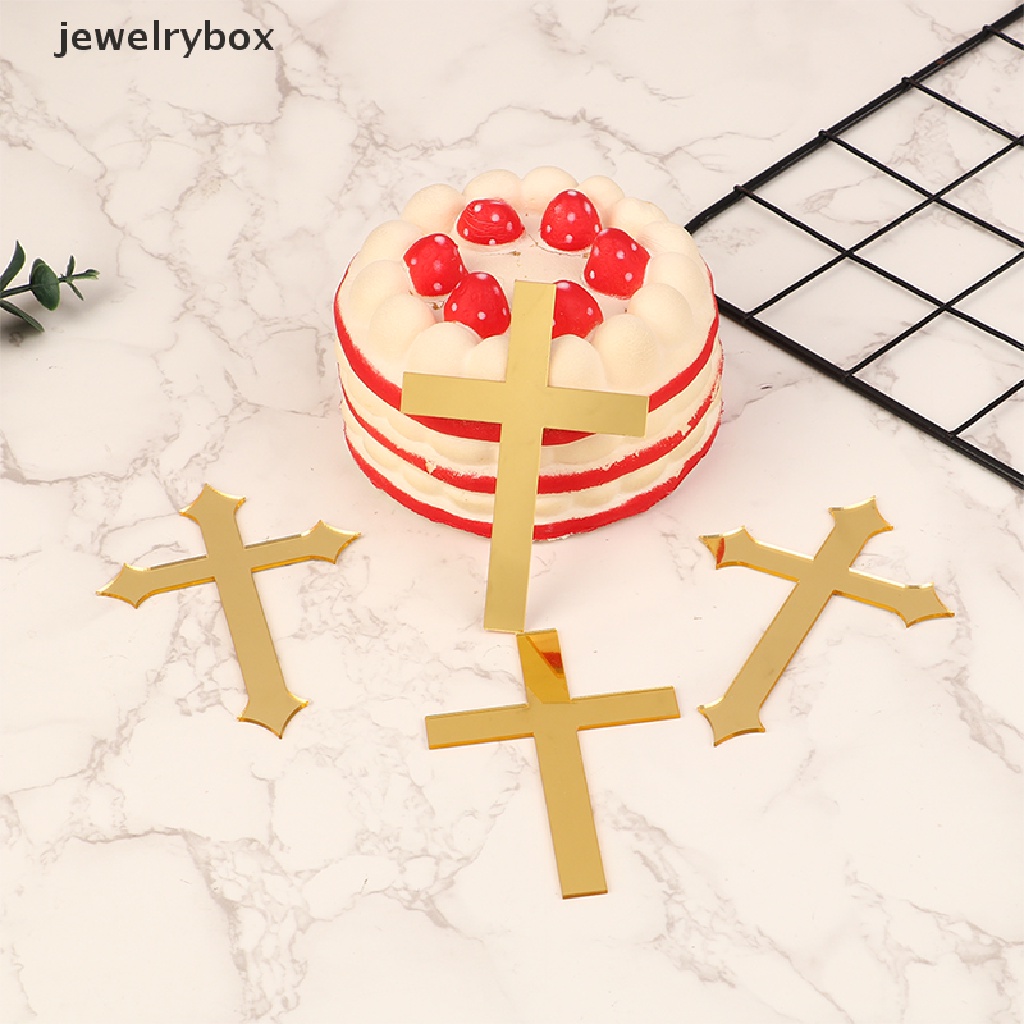 [jewelrybox] 5pcs 10 * 7cm Akrilik Salib Emas Topper Perjamuan Pertama Minimalis Sisipan Kue Butik