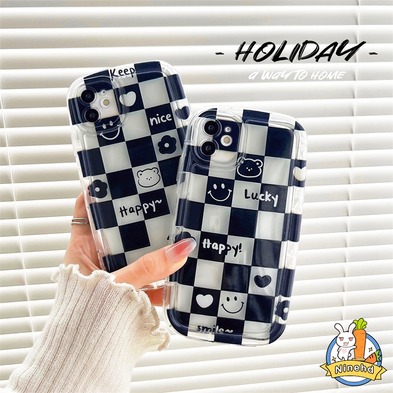 IPHONE Casing Kompatibel Untuk Iphone14 13 12 11 Pro Max X Xr Xs Max8 7 6 6s Plus SE 2020 Chessboard Checker Bear Wajah Tersenyum Pasangan Ponsel Case Silikon Bening Anti Jatuh Airbag Soft Case