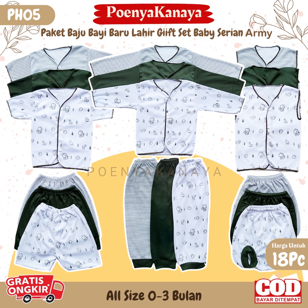 Paket 18pcs Setelan Baju Bayi Celana Bayi Baru Lahir Gift Set Baby Seri ARMY Viori PH05