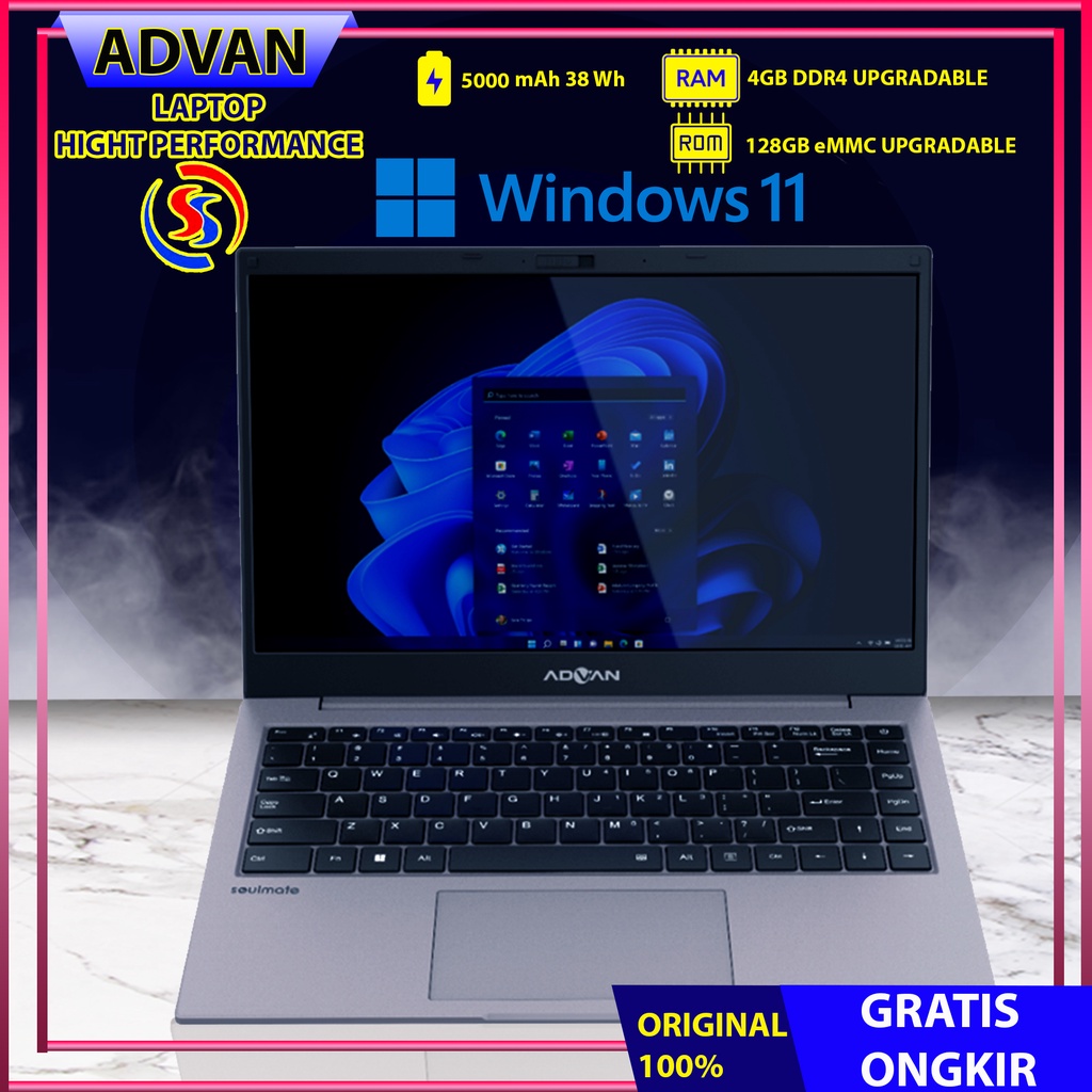 Laptop ADVAN Soulmate 14&quot; Intel Celeron N4020 4GB 128GB Windows 11 Garansi Resmi 1 Tahun - Grey