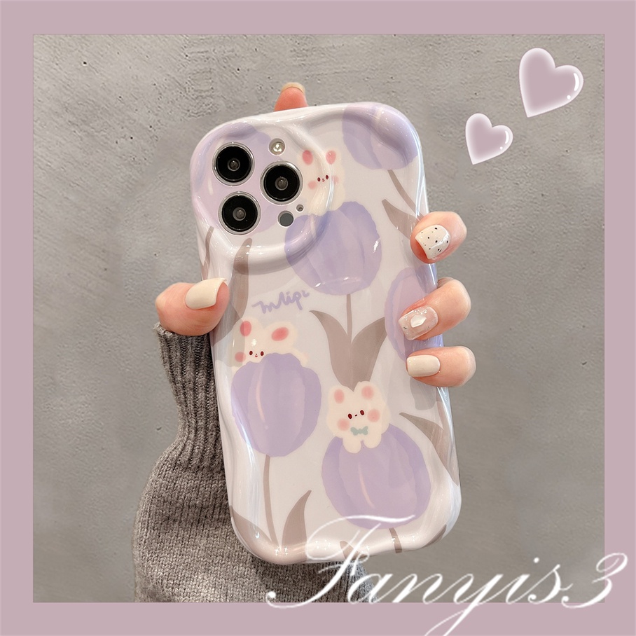 Compatible For IPhone 14 13 12 11 Pro Max X XR Xs Max 8 7 6s Plus SE 2020 Kompatibel Untuk Kelinci Ungu Bunga Tulip Gelombang Casing Ponsel TPU Silicon Lembut Cover Pelindung
