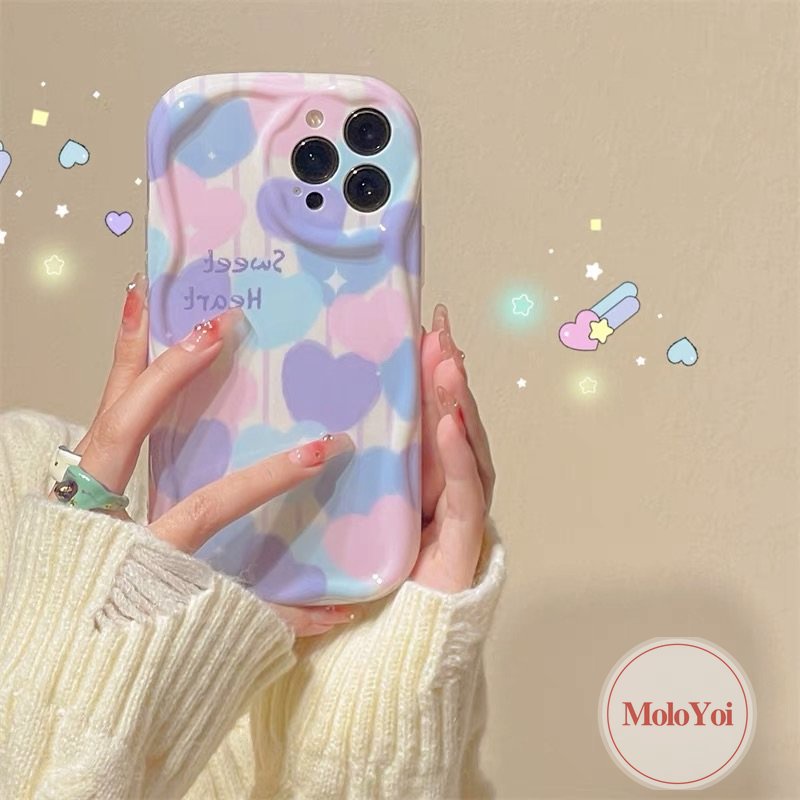 IPHONE Ins Lukisan Cat Minyak Cinta Hati Casing Kompatibel Untuk Iphone11 13 12 14 Pro Max XR 7plus 6s 6 7 8 Plus X XS Max SE 2020 Tpu Lembut Shockproof Airbag Glossy 3D Wavy Curved Edge Case