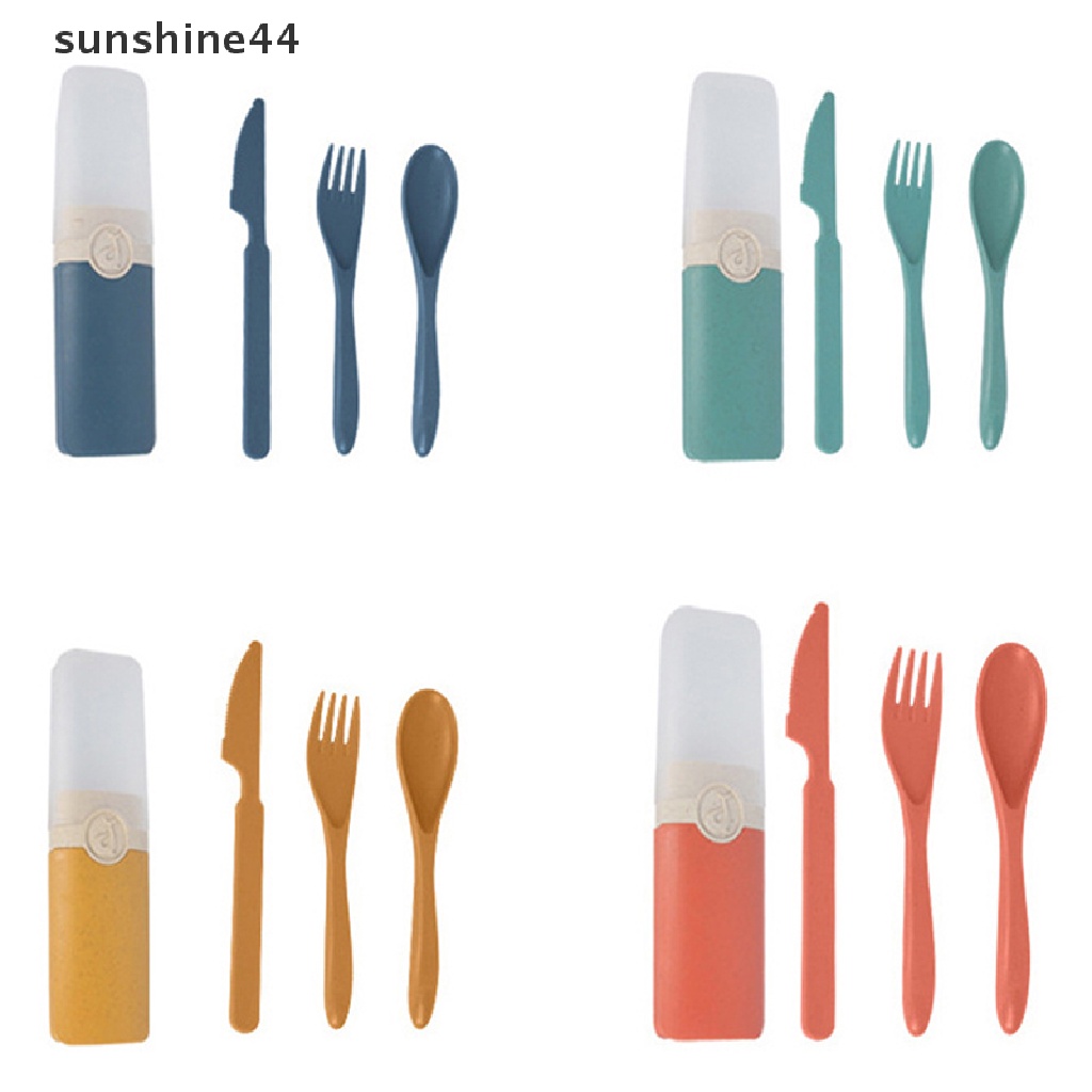 Sunshine Portable Reusable Spoon Fork Travel Piknik Wheat Straw Set Peralatan Makan Dengan Kotak ID