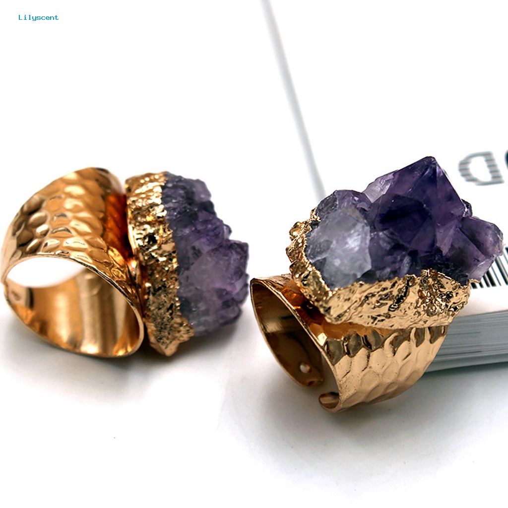 Lilyscent Retro Adjustable Open Band Natural Amethyst Jari Cincin Perhiasan Aksesori Hadiah