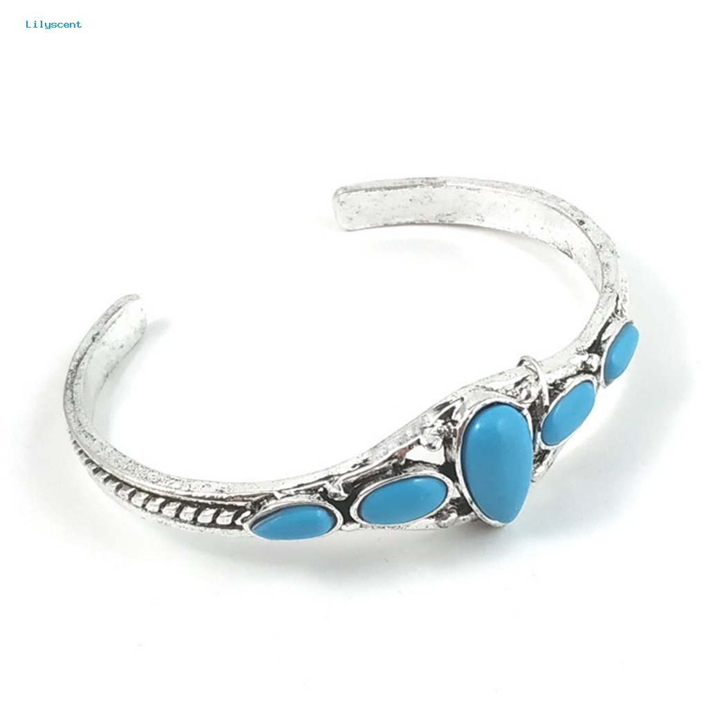 Lilyscent Hollow Out Retro Bangle Untuk Perjamuan Batu Biru Alami Retro Bangle Elegan