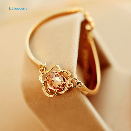 Lilyscent Wanita Emas Bunga Kristal Rose Bangle Cuff Rantai Gelang Chic Perhiasan Hadir