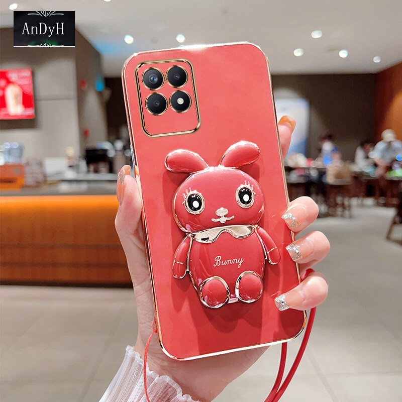 Andyh Case Handphone Untuk OPPO Realme 8i Realme Narzo 50 Realme 8 Pro Kartun Lucu Kelinci Kecil Tepi Lurus Soft Shell Mengirim lanyard Silikon