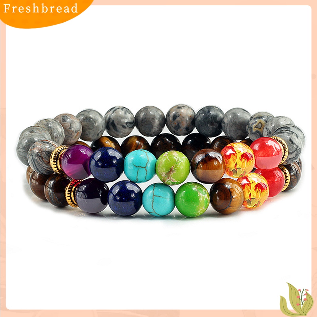 &lt; Freshbread &gt; 1pasang Gelang Manik-Manik Lapisan Ganda Tujuh Cakra Warna-Warni Alami Batu Vulkanik Pergelangan Tangan Berbagai Wanita Pria Yoga Olahraga Chakra Gelang Hadiah Pasangan