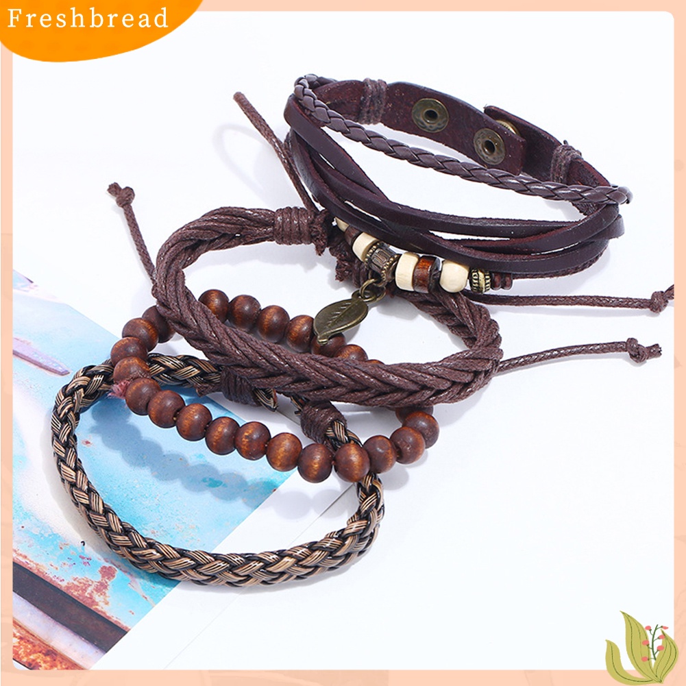 &lt; Freshbread &gt; 4Pcs/Set Pria Kulit Imitasi Daun Liontin Multi-layer Braided Bracelet Wristband