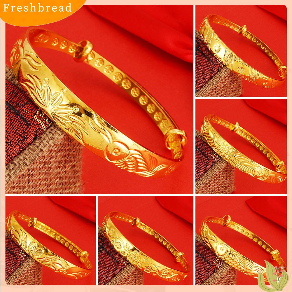 &lt; Freshbread &gt; Vintage Wanita Ikan Mas Bunga Ukir Gelang Bangle Pesta Pernikahan Perhiasan Hadiah