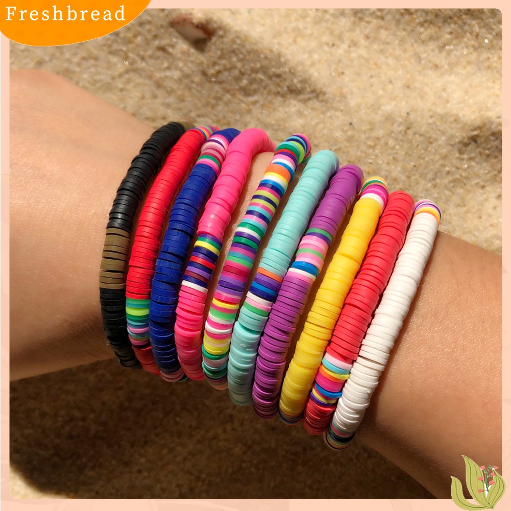 &lt; Freshbread &gt; 5/7Pcs Wanita Boho Rainbow Polymer Clay String Beads Gelang Gelang Bangle