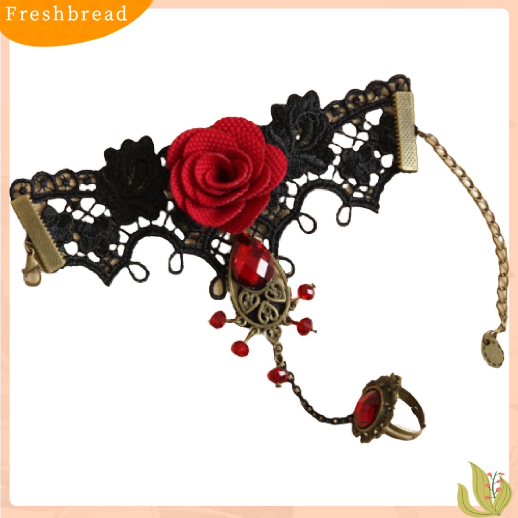 &lt; Freshbread &gt; Rose Decor Black Lace Cincin Gelang Wanita Permata Imitasi Mutiara Imitasi Cincin Tangan Rantai Perhiasan Aksesori