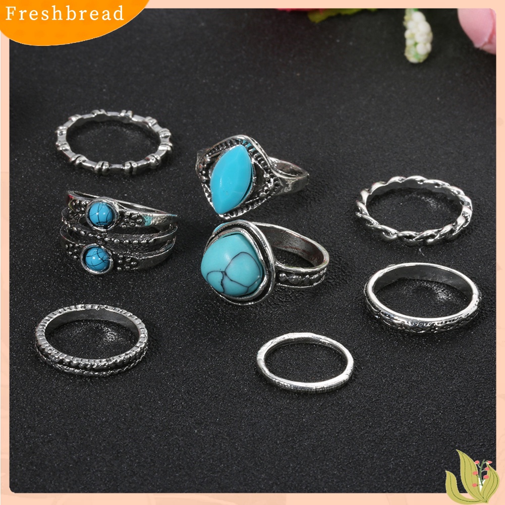 &lt; Freshbread &gt; 8Pcs Wanita Retro Bohemian Imitasi Turquoise Hias Lingkaran Jari Cincin Perhiasan Hadiah