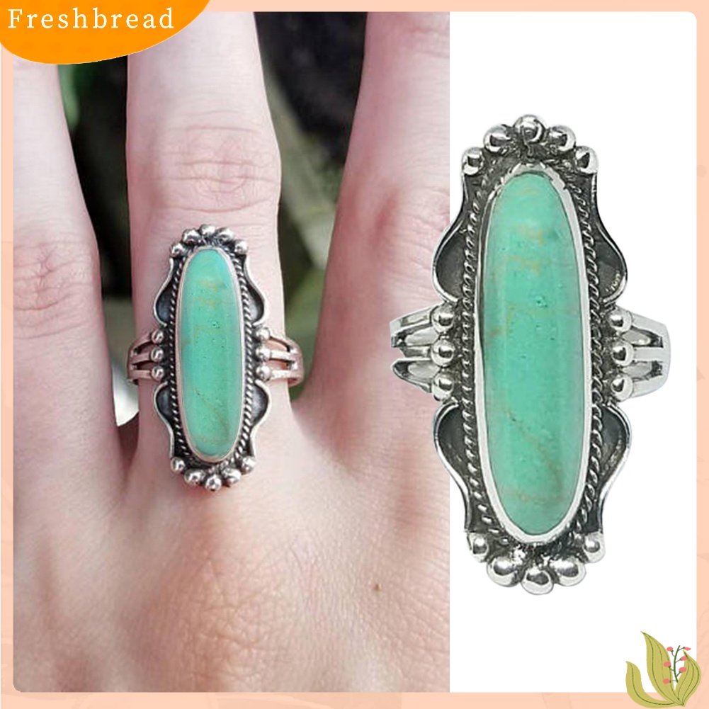 &lt; Freshbread &gt; Vintage Finger Decor Oblong Turquoise Cincin Wanita Pernikahan Pertunangan Perhiasan