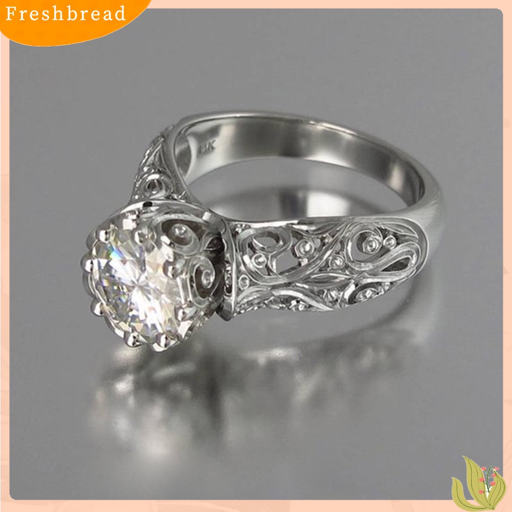 &lt; Freshbread &gt; Vintage Wanita Ukir Bunga Bulat Berlian Imitasi 8cakar Pertunangan Jari Cincin Dekorasi