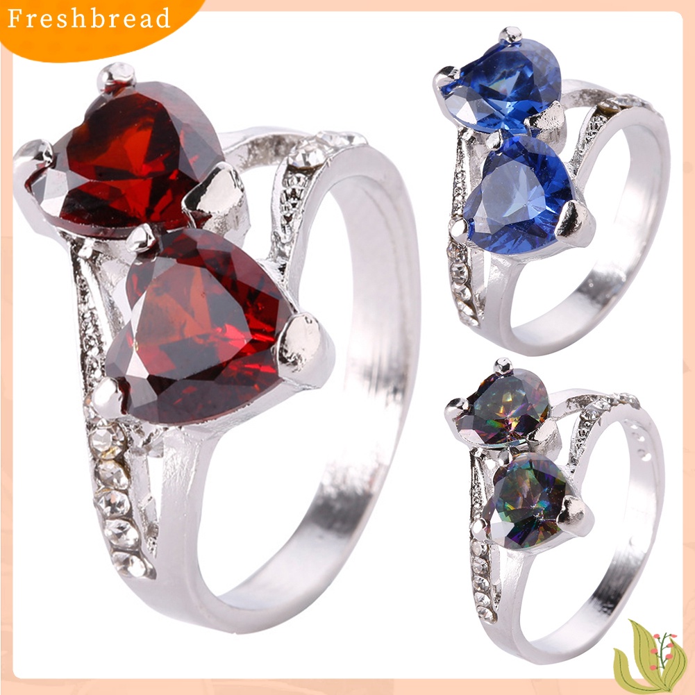 &lt; Freshbread &gt; Fashion Wanita Mewah Cubic Zirconia Berlian Imitasi Bertatahkan Cinta Ganda Cincin Hati