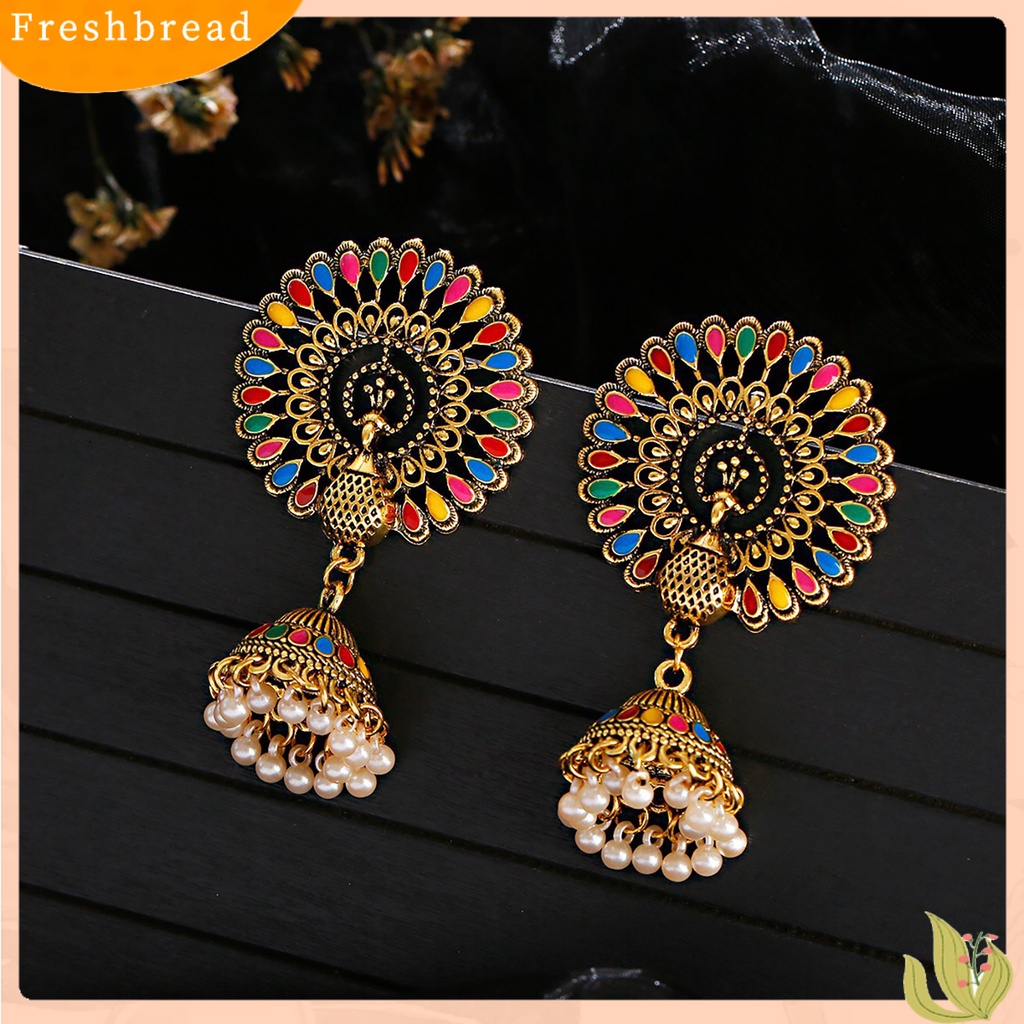 &lt; Freshbread &gt; 2Pcs Anting Menjuntai Gaya India Bell Rumbai Mutiara Imitasi Warna-Warni Geometris Hias Hadiah Wanita Merak Liontin Anting Perhiasan Fashion Untuk Pakaian Sehari-Hari