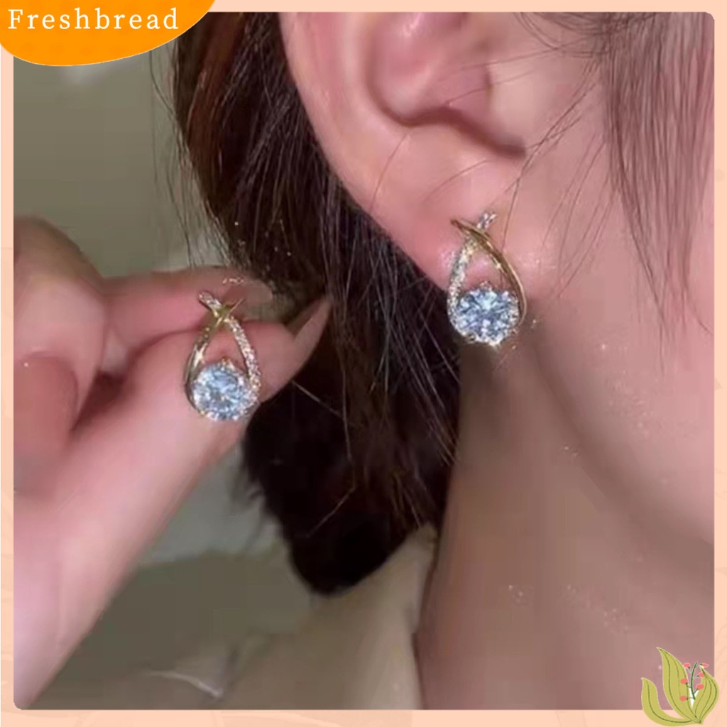 &lt; Freshbread &gt; 1pasang Anting Tusuk Wanita Cross-cut Rhinestones Perhiasan Tahan Lama Cerah Kilau Telinga Giwang Untuk Pernikahan