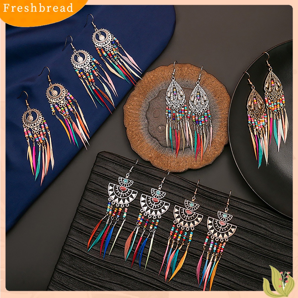 &lt; Freshbread &gt; Anting Retro Manik-Manik Resin Romantis Bohemian Bulu Rumbai Fringe Earrings Untuk Wanita