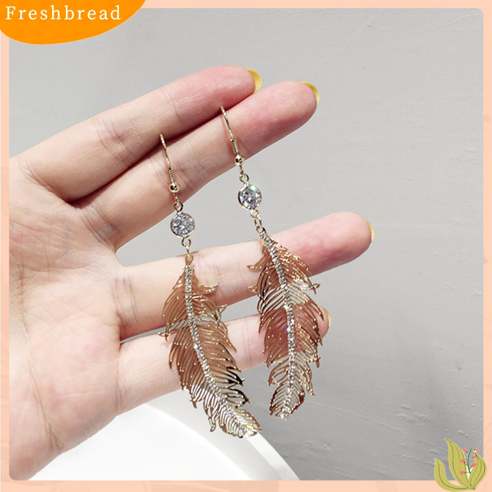 &lt; Freshbread &gt; Berongga Panjang Bulu Drop Berlian Imitasi Bertatahkan Logam Anting Kait Wanita Perhiasan