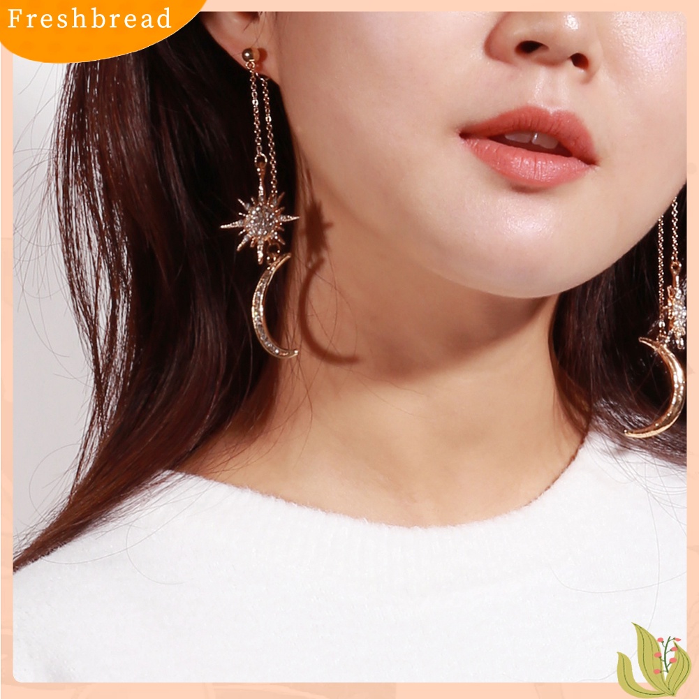 &lt; Freshbread &gt; Fashion Berlian Imitasi Bintang Bulan Sabit Menjuntai Panjang Drop Anting-Anting Wanita Perhiasan