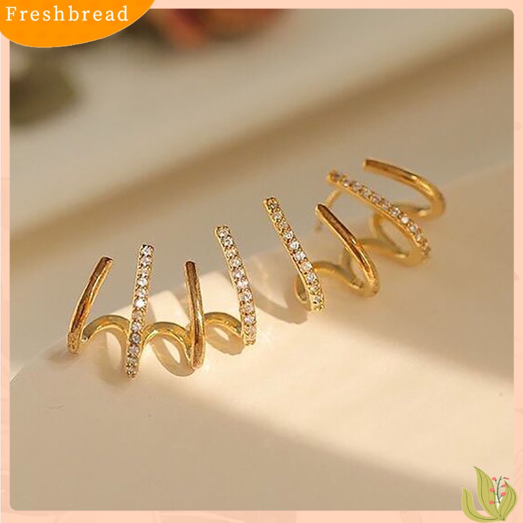 &lt; Freshbread &gt; 1pasang Berlian Imitasi Bersinar Ear Studs Pengerjaan Halus Kreatif Berbentuk U Empat Baris Wanita Anting Perhiasan Aksesoris